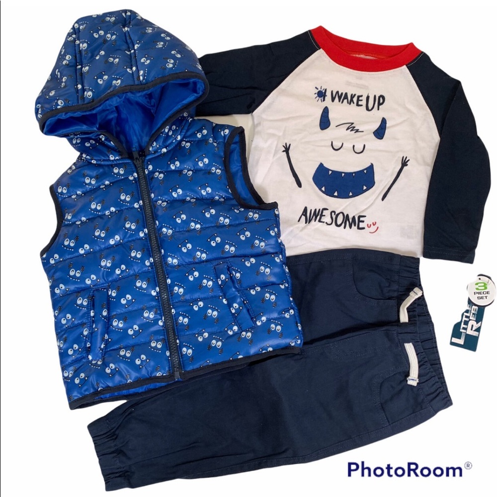 NWT Little Rebels Monster 3pc Set - Puffer Vest, L/S Tee, Twill Jogger Size 18M